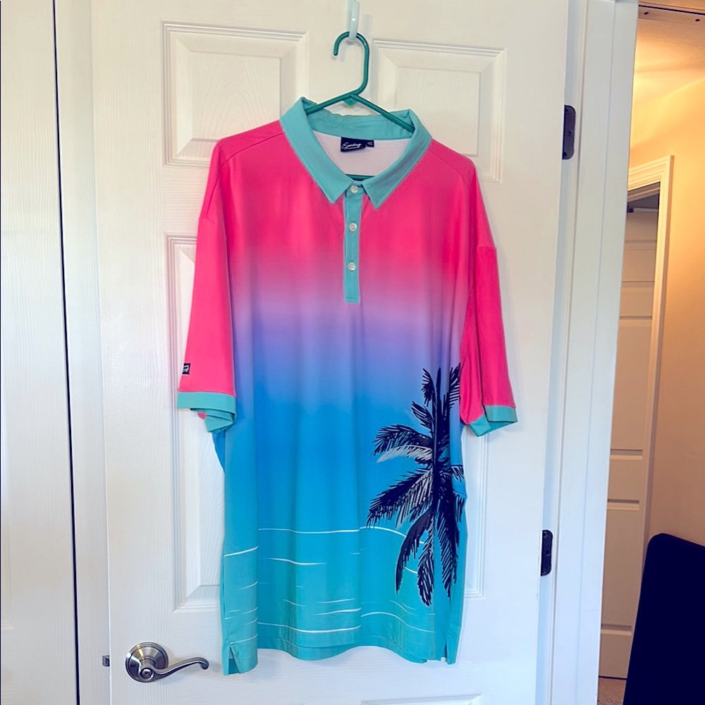 Pink and Blue Gradient Polo Shirt with Palm Tree Design - Sunday Swagger